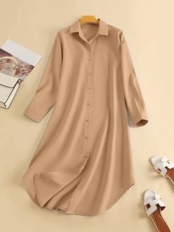 Solid Long Sleeve Lapel Button Front Long Shirt