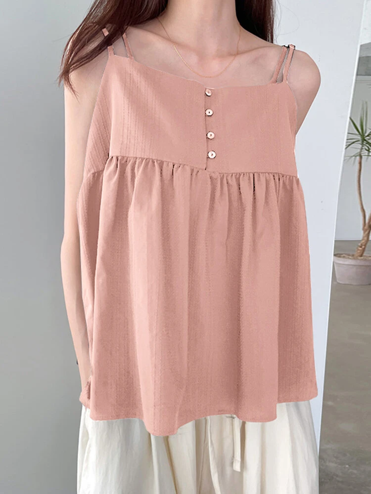 Women Solid Button Detail Cotton Casual Spaghetti Strap Cami 4 Women Solid Button Detail Cotton Casual Spaghetti Strap Cami - Image 4