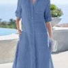 Women Solid Lapel Button Up Shirt Dress With Sleeve Tabs