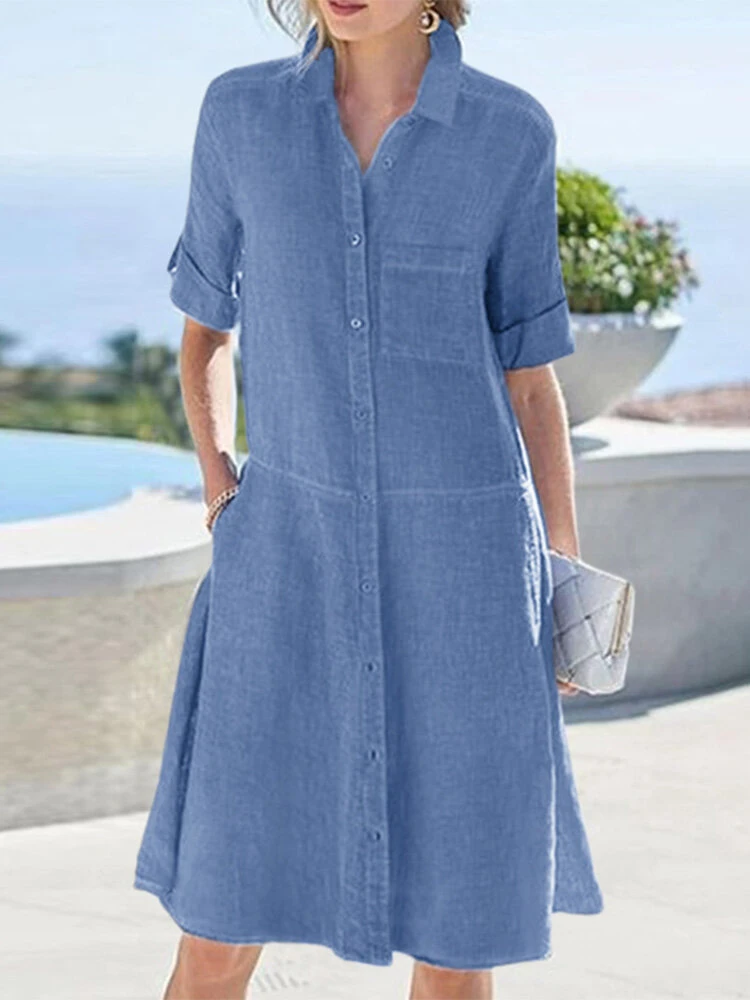 Women Solid Lapel Button Up Shirt Dress With Sleeve Tabs 1 Women Solid Lapel Button Up Shirt Dress With Sleeve Tabs