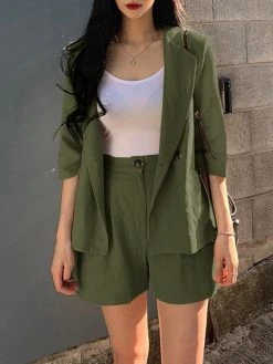 Solid 3/4 Sleeve Lapel Elastic Waist Two Pieces Suit -Zanzea Shop f01f8976 a93c 45eb 9991 755de6a19849