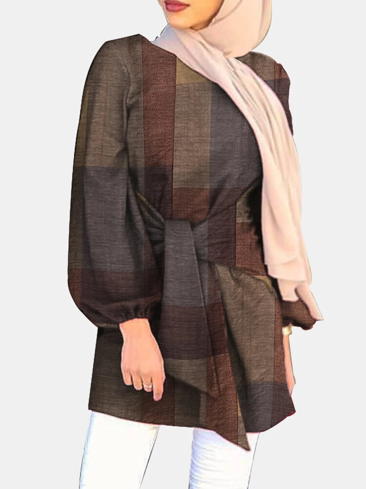 Ethnic Plaid Print Puff Sleeves Casual Blouse For Women 1 Ethnic Plaid Print Puff Sleeves Casual Blouse For Women