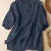 Women Solid Notch Neck High Low Hem Cotton Blouse