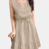 Solid Drawstring Waist Ruffle Hem Sleeveless Square Collar Dress