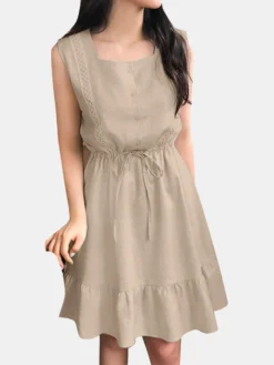 Solid Drawstring Waist Ruffle Hem Sleeveless Square Collar Dress