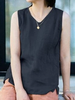 Solid V-neck Slit Hem Sleeveless Casual Tank Top