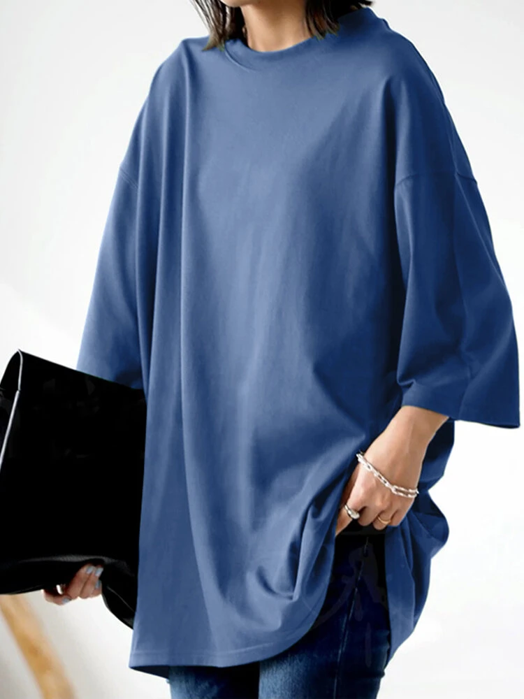 Solid Crew Neck Loose Casual 3/4 Sleeve T-shirt 4 Solid Crew Neck Loose Casual 3/4 Sleeve T-shirt - Image 4