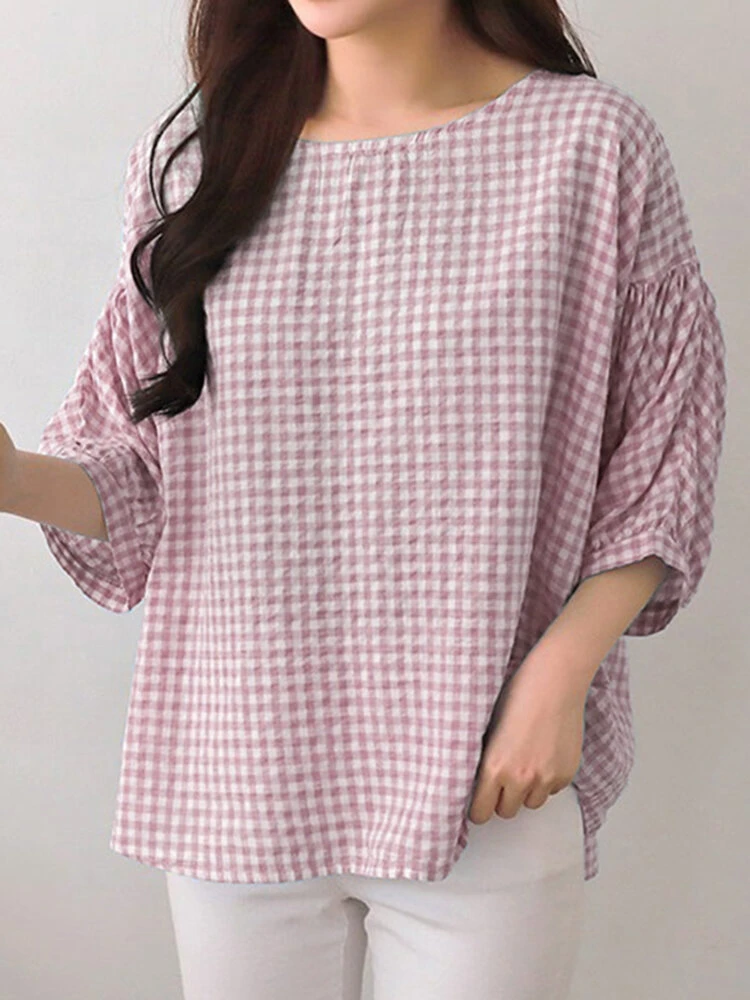 Check Print Crew Neck 3/4 Sleeve Casual Loose Blouse 8 Check Print Crew Neck 3/4 Sleeve Casual Loose Blouse - Image 8