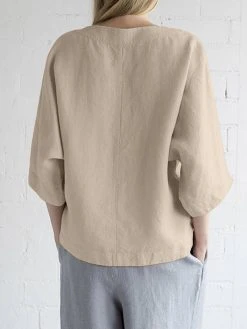 Women Solid Pleated Crew Neck Cotton 3/4 Sleeve Blouse -Zanzea Shop f0d59bda 0413 45d1 baeb c87cc3aebea3