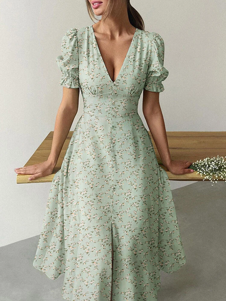 Women Ditsy Floral Print V-Neck Split Hem Puff Sleeve Dress 3 Women Ditsy Floral Print V-Neck Split Hem Puff Sleeve Dress - Image 3