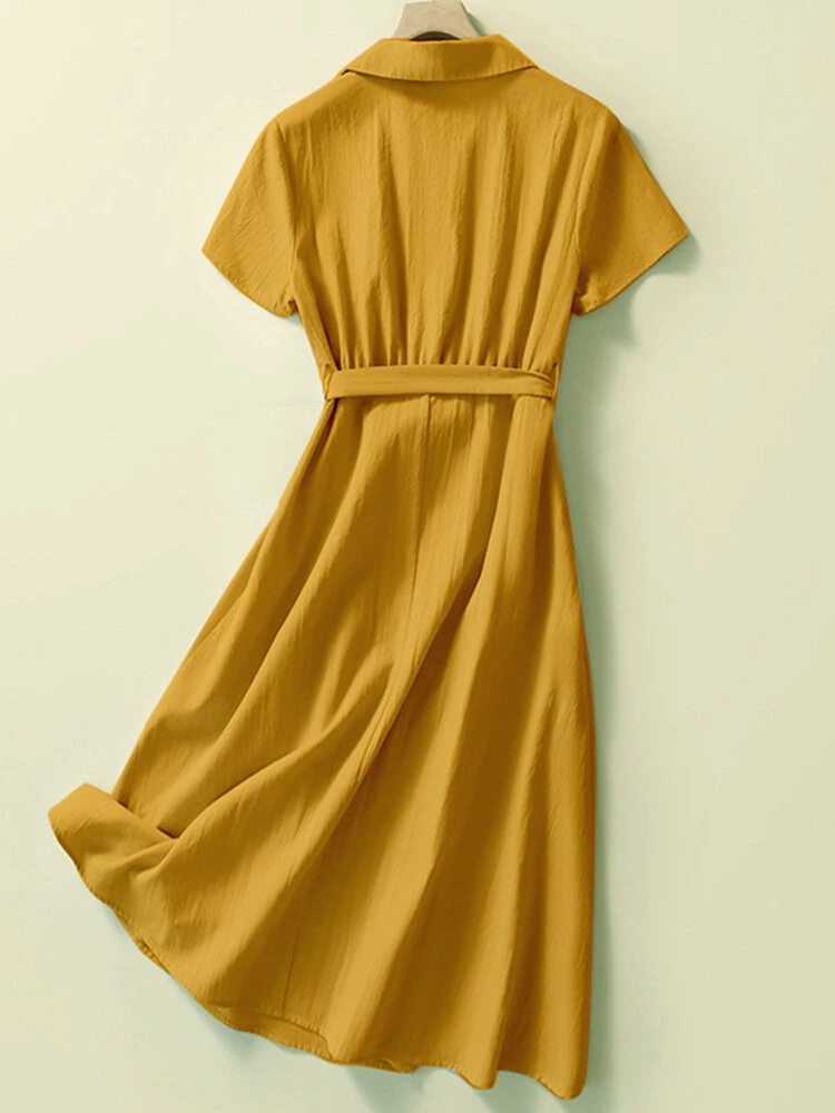 Solid Pocket Button Lapel Short Sleeve Shirt Dress With Belt 6 Solid Pocket Button Lapel Short Sleeve Shirt Dress With Belt - Image 6