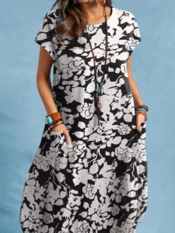 Allover Plants Print Dual Pocket Short Sleeve Dress -Zanzea Shop f159d357 5d2e 42a7 9158 122d3f99d481