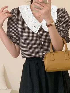 Check Contrast Collar Puff Sleeve Button Front Blouse 18 Check Contrast Collar Puff Sleeve Button Front Blouse -Zanzea Shop f15f1b61 9551 40cd abb1 bac859bad33c