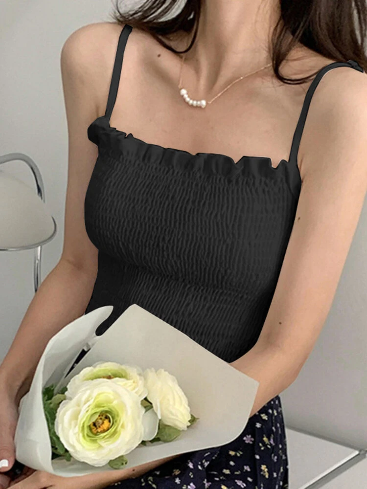 Shirred Adjustable Strap Solid Lettuce Edge Sexy Cami 12 Shirred Adjustable Strap Solid Lettuce Edge Sexy Cami - Image 12