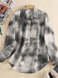 Women Snake Skin Print Long Sleeve Lapel Shirt