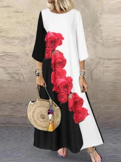 Flower Butterfly Print Crew Neck 3/4 Sleeve Maxi Dress