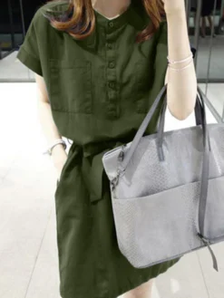 Solid Pocket Button Front Casual Dress With Belt -Zanzea Shop f2263800 23e2 48ef ba07 1caacb12d75b