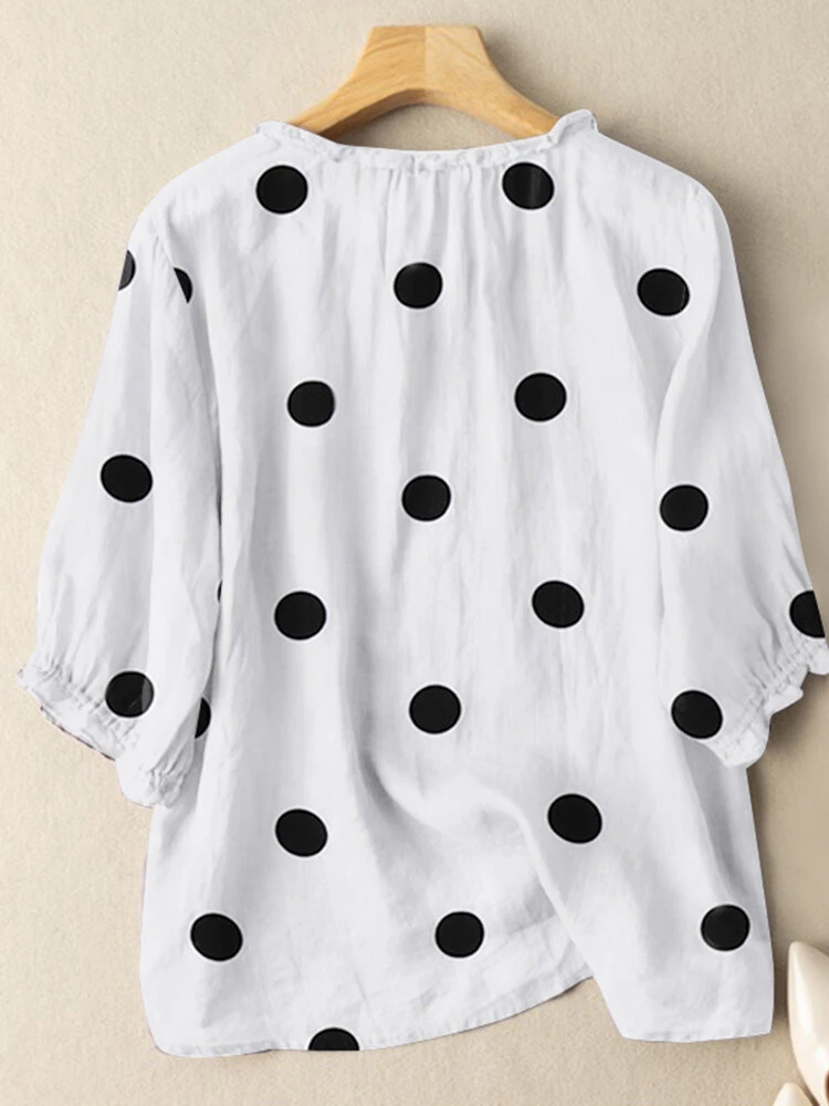Women Dot Print 3/4 Sleeve Crew Neck Casual Blouse 2 Women Dot Print 3/4 Sleeve Crew Neck Casual Blouse - Image 2