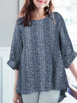 Allover Floral Print Crew Neck 3/4 Sleeve Blouse