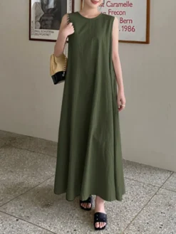 Solid Sleeveless Pocket Swing Crew Neck Cotton Maxi Dress -Zanzea Shop f265321f a4ea 4429 8a3b d70ac42b06ed