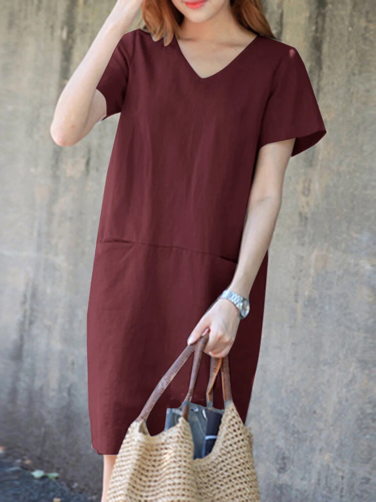 Solid Pocket Slit Hem V-neck Short Sleeve Vintage Dress 4 Solid Pocket Slit Hem V-neck Short Sleeve Vintage Dress - Image 4