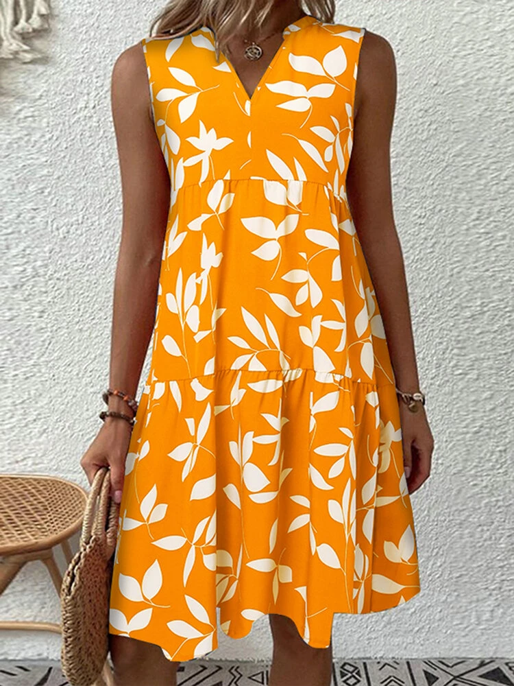 Women Allover Leaf Print V-Neck Tiered Sleeveless Dress 3 Women Allover Leaf Print V-Neck Tiered Sleeveless Dress - Image 3