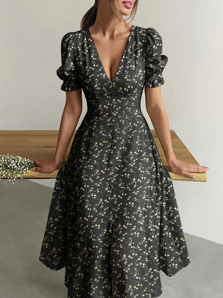 Women Ditsy Floral Print V-Neck Split Hem Puff Sleeve Dress 2 Women Ditsy Floral Print V-Neck Split Hem Puff Sleeve Dress - Image 2