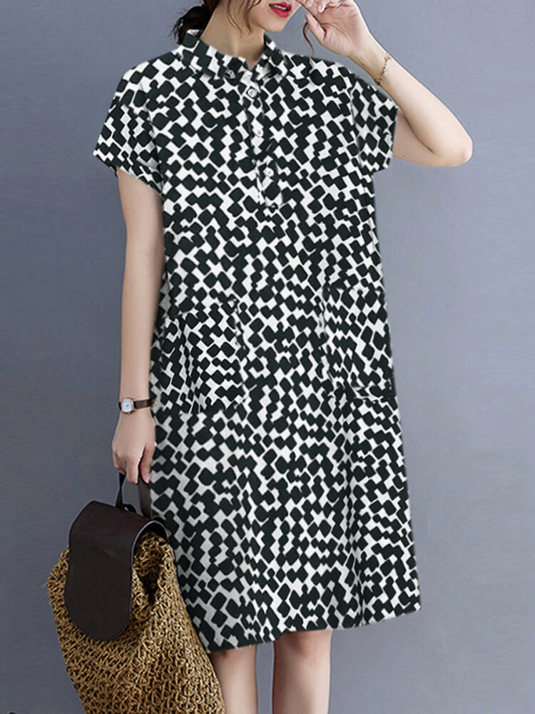 Allover Geo Print Lapel Dual Pocket Short Sleeve Dress 8 Allover Geo Print Lapel Dual Pocket Short Sleeve Dress - Image 8