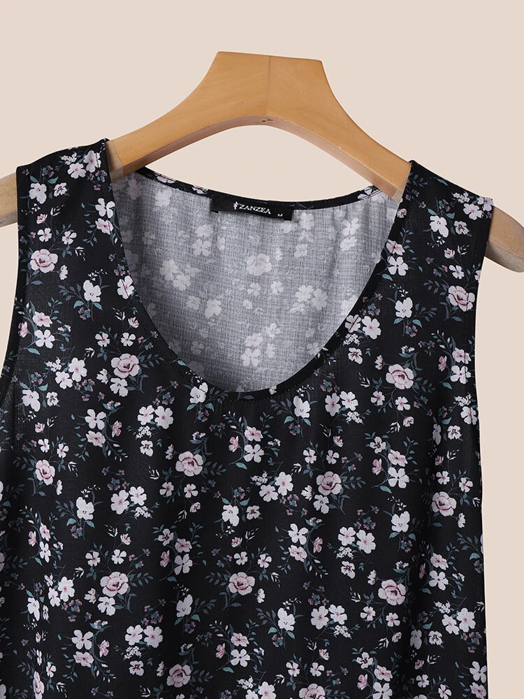 Women Ditsy Floral Print Color Block Patchwork Sleeveless Dress 2 Women Ditsy Floral Print Color Block Patchwork Sleeveless Dress - Image 2