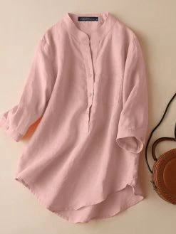 Solid Button Pocket High-Low Hem Casual Cotton Blouse -Zanzea Shop f2f7f618 779a 4914 a061 0fc7bf209d18