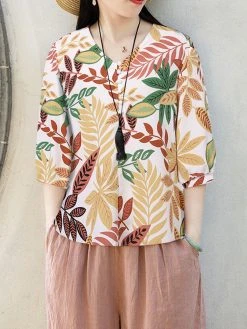 Women Plant Leaf Print V-Neck Half Button Vacation Blouse -Zanzea Shop f2f952d8 5a4f 4b00 a7d4 8838a27182d5