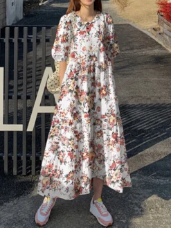 Cottagecore Flower Print Pocket Puff Sleeve Casual Maxi Dress -Zanzea Shop f30947eb e278 4f7f b473 1035b4cf47fa