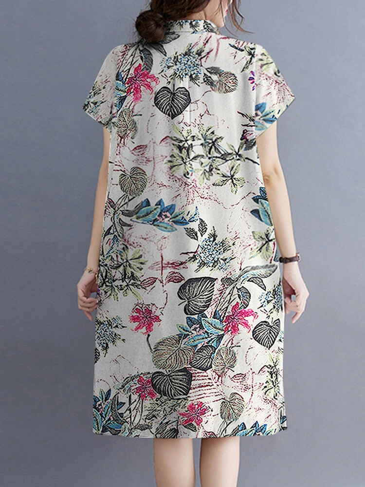 Plant Print Button Pocket Casual Cotton Midi Dress 2 Plant Print Button Pocket Casual Cotton Midi Dress - Image 2