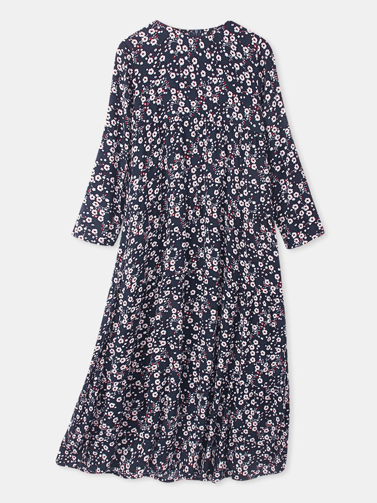 Women Vintage Floral Print O-neck Pocket Long Sleeve Maxi Dress 3 Women Vintage Floral Print O-neck Pocket Long Sleeve Maxi Dress - Image 3