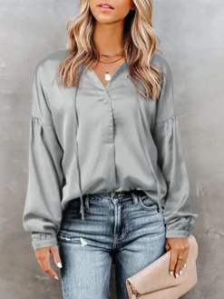 Solid Satin Long Sleeve Tie Front V-neck Blouse -Zanzea Shop f34ef0b7 8f39 4b07 b6e2 83aefb90605d