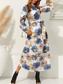Cottagecore Flower Print Sash Lettuce-Edge Long Sleeve Maxi Dress -Zanzea Shop f356631c 35df 4c4f af1a f66f8737fed6