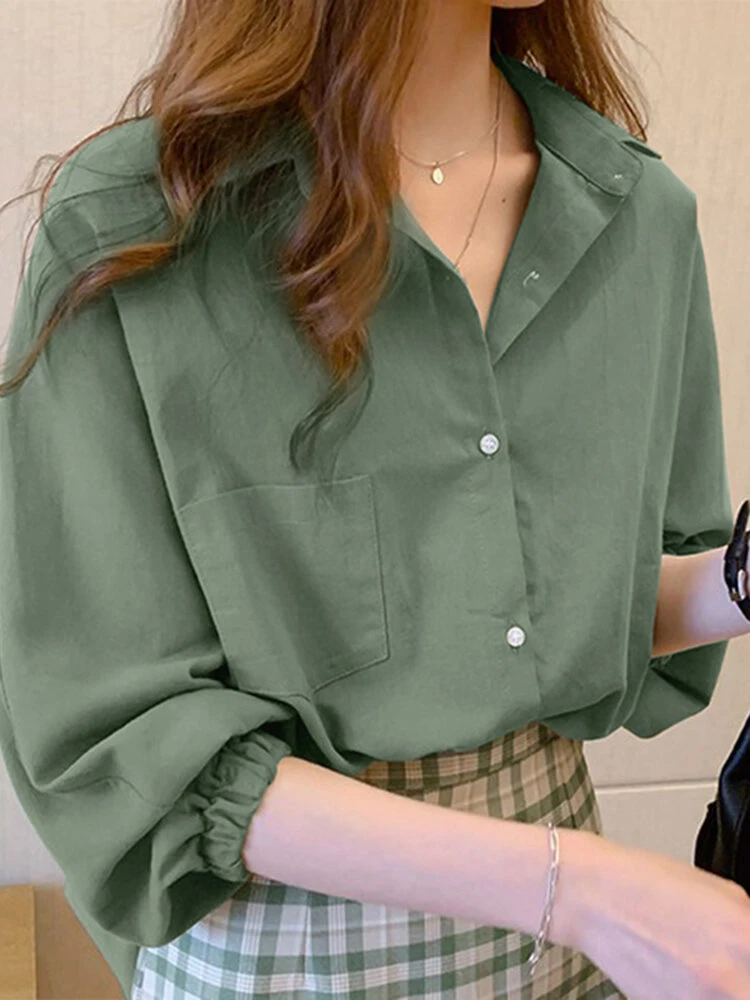 Solid 3/4 Sleeve Pocket Lapel Blouse For Women 2 Solid 3/4 Sleeve Pocket Lapel Blouse For Women - Image 2