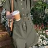 Solid Belt Button Front Pocket Short Sleeve Lapel Cargo Romper