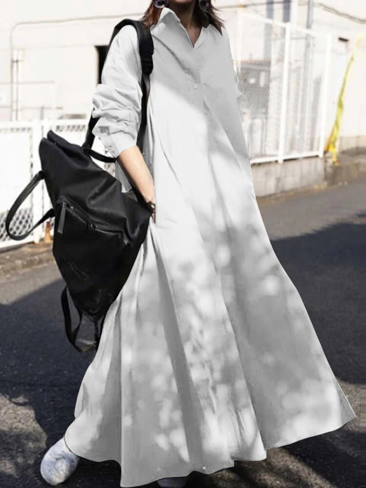 Women Solid Color Lapel Collar Long Sleeve Casual Dress 4 Women Solid Color Lapel Collar Long Sleeve Casual Dress - Image 4