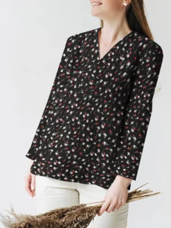 Allover Floral Print V-neck Slit Hem Long Sleeve Blouse -Zanzea Shop f38f573b f3d9 4d44 af69 ce35473c3e7d