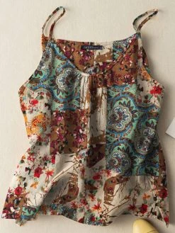 Women Vintage Ethnic Floral Print Cotton Spaghetti Strap Cami