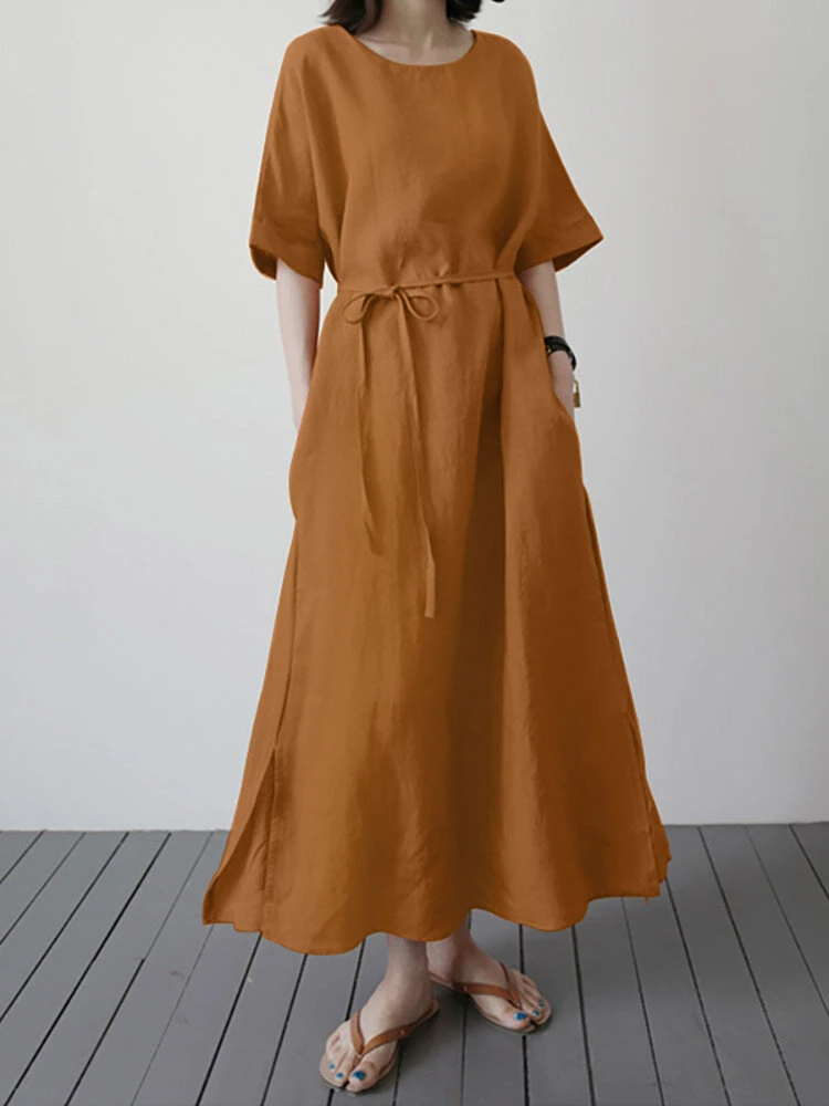 Solid Slit Pocket Half Sleeve Loose Dress With Belt 8 Solid Slit Pocket Half Sleeve Loose Dress With Belt - Image 8