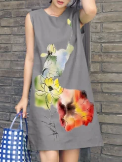 Women Watercolor Lotus Print Crew Neck Sleeveless Dress -Zanzea Shop f3f69c43 a78b 4171 9a51 69cac180a820