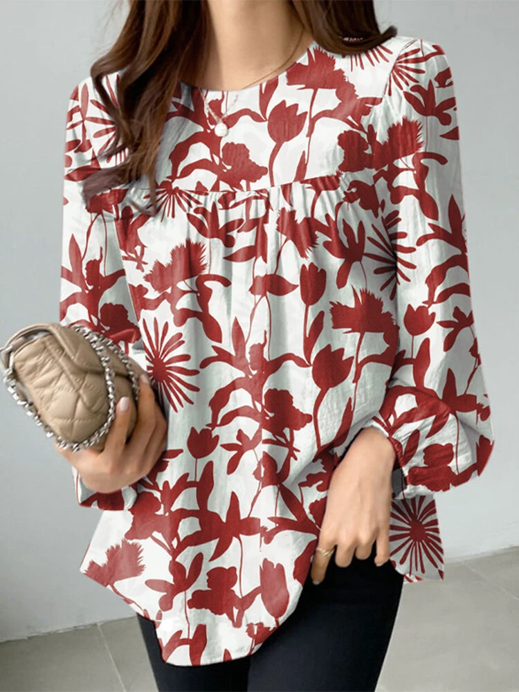 Women Floral Plant Print Crew Neck Long Sleeve Blouse 1 Women Floral Plant Print Crew Neck Long Sleeve Blouse