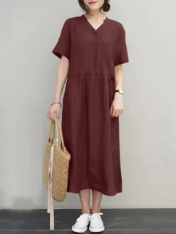 Women Solid Notched Neck Drawstring Waist Short Sleeve Dress -Zanzea Shop f41e19b5 0ac5 4d61 bcdf c90d0638d85c