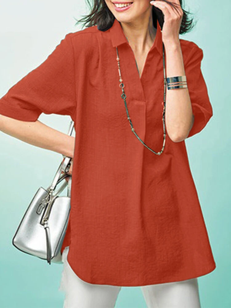 Women Solid Color Lapel Casual Short Sleeve Shirt 2 Women Solid Color Lapel Casual Short Sleeve Shirt - Image 2