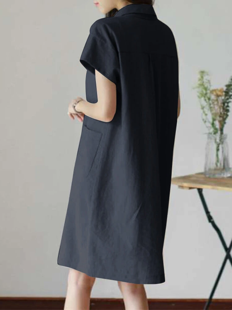 Solid Button Short Sleeve Lapel Cotton Pocket Dress 5 Solid Button Short Sleeve Lapel Cotton Pocket Dress - Image 5