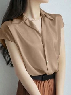 Solid Satin Button Lapel Short Sleeve Women Shirt -Zanzea Shop f50f6642 2297 4e8d 9466 3a914e8ff7f8