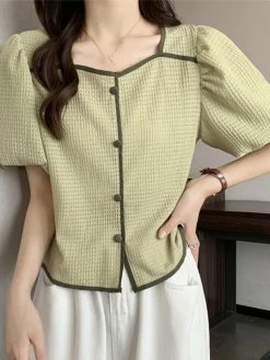Contrast Square Collar Button Decor Short Sleeve Blouse -Zanzea Shop f5415e9f 5655 407e 9675 9f73d8b97ff4