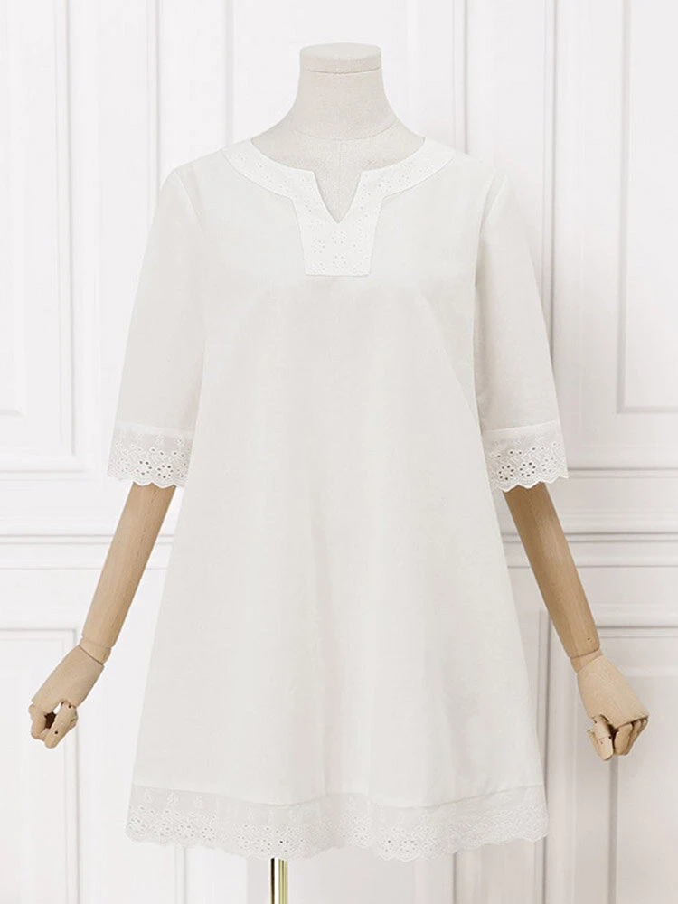 Women Lace Splice Notched Neck Cotton Longline Blouse 4 Women Lace Splice Notched Neck Cotton Longline Blouse - Image 4